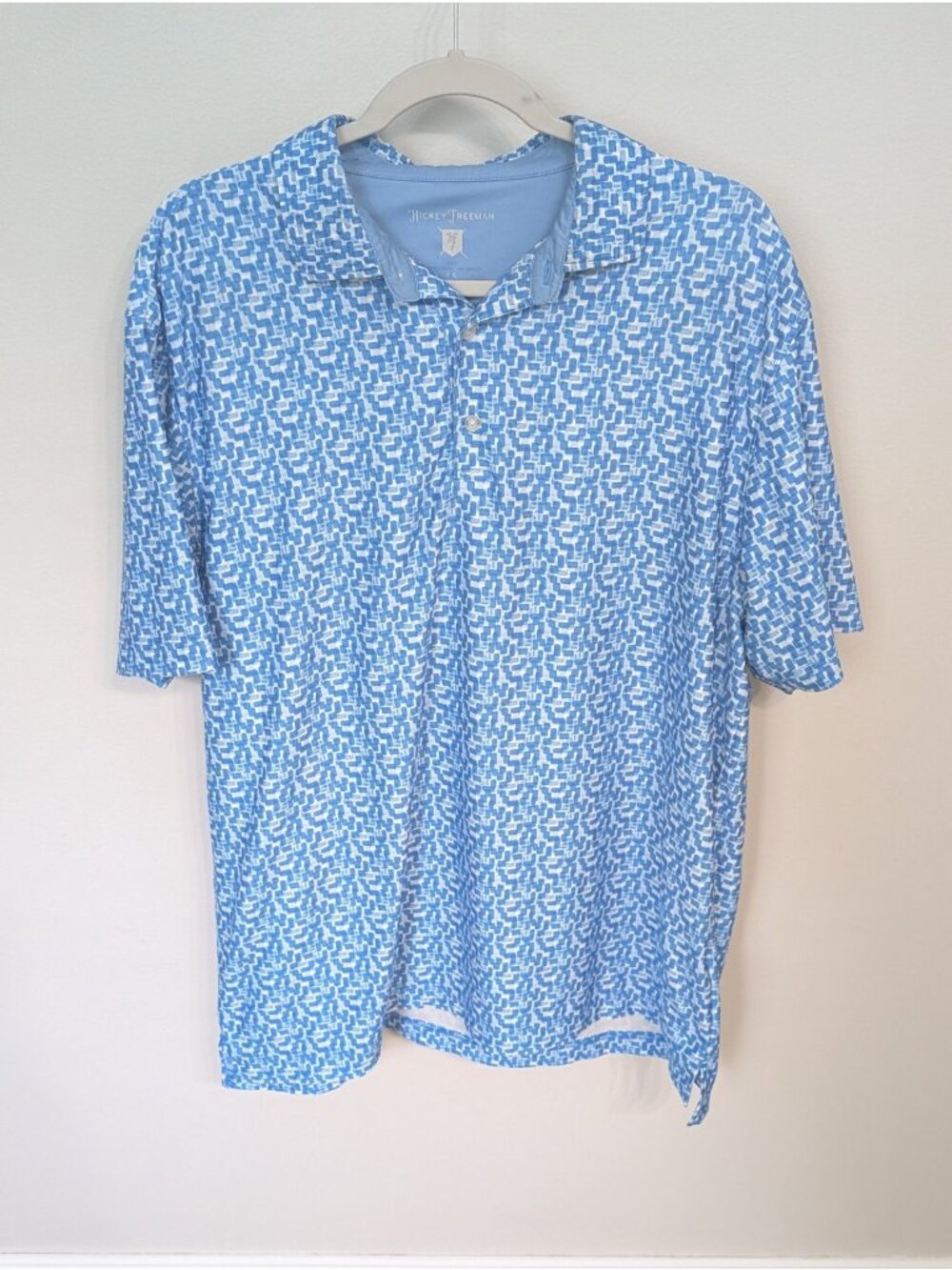 Hickey Freeman Graphic Golf Polo Blue White Sz Large Performance Stretch